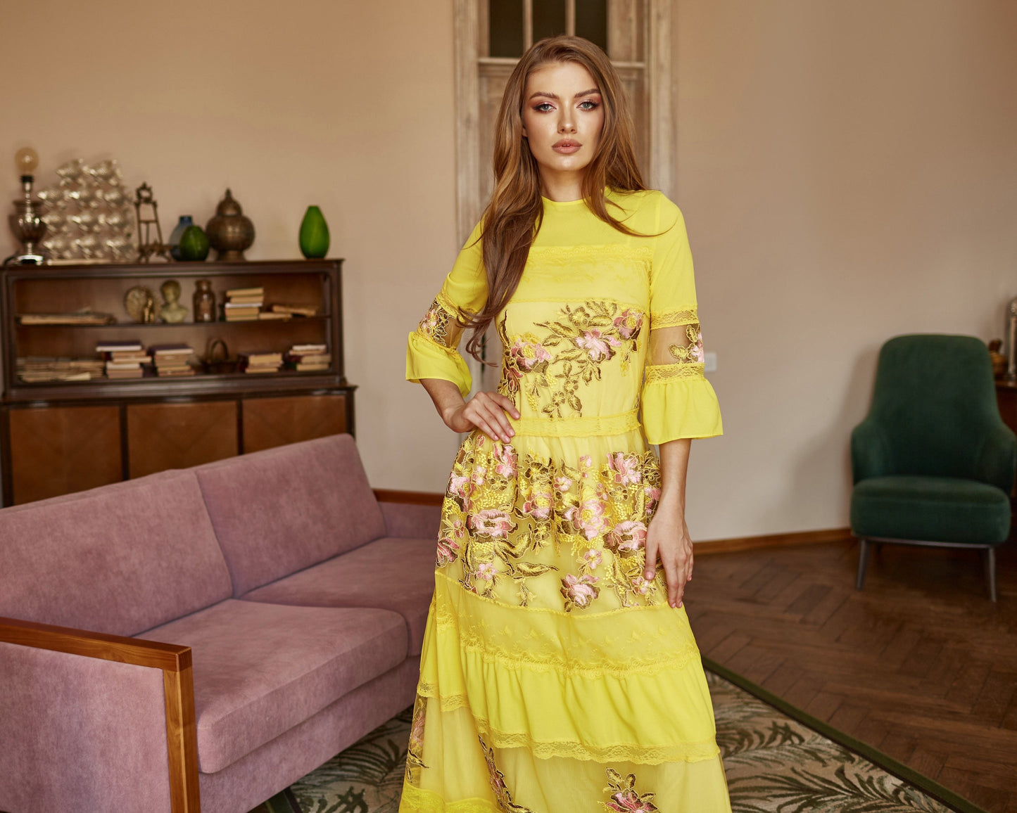 Mother of  the bride dress, Yellow Wedding guest dress, lace gown with long sleeves, Bridesmaid dress, Bohemian wedding dress, Floral gown