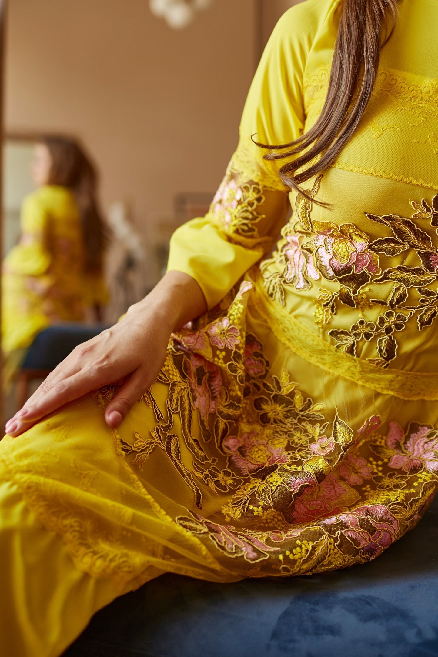 Mother of  the bride dress, Yellow Wedding guest dress, lace gown with long sleeves, Bridesmaid dress, Bohemian wedding dress, Floral gown