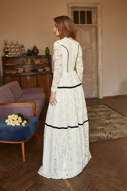 Boho Wedding Floor Length Romantic Dress, Bohemian Long Sleeve Evening Lace Dress, Floral Prom Couture Fit And Flare Cocktail Dress