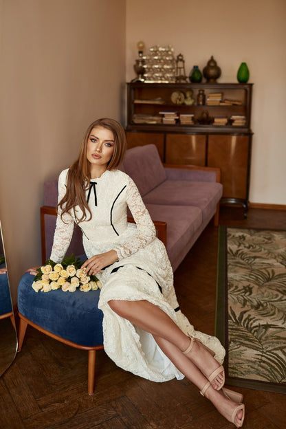 Boho Wedding Floor Length Romantic Dress, Bohemian Long Sleeve Evening Lace Dress, Floral Prom Couture Fit And Flare Cocktail Dress