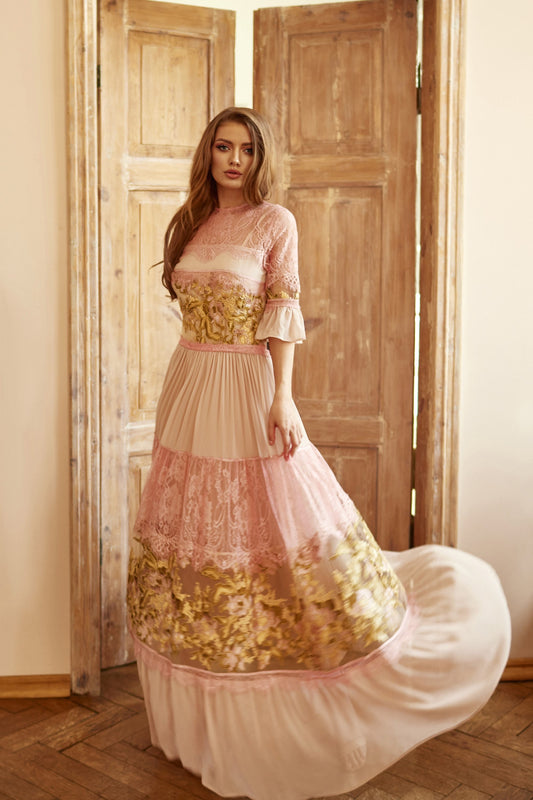 Beige  Wedding guest dress, lace gown with long sleeves, Bridesmaid dress, Bohemian wedding dress, Pink summer gown, Floral lace gown