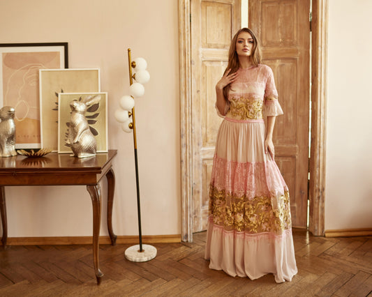 Mother of the bride dress, lace gown with long sleeves, Bridesmaid dress, Bohemian wedding dress, Pink summer gown, Floral lace gown