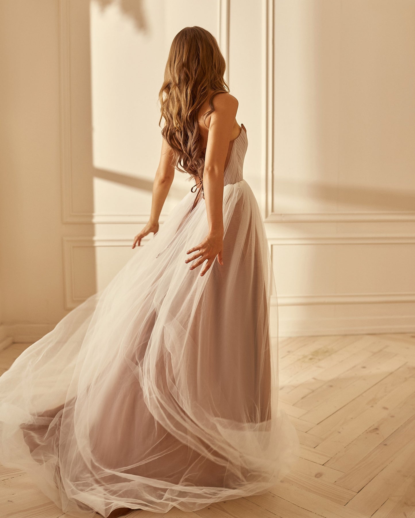 Boho Wedding dress , Long Corset dress with side slit, Tulle Pleated wedding dress, Beige wedding gown, brown wedding dress