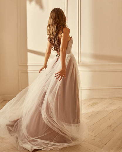Boho Wedding dress , Long Corset dress with side slit, Tulle Pleated wedding dress, Beige wedding gown, brown wedding dress