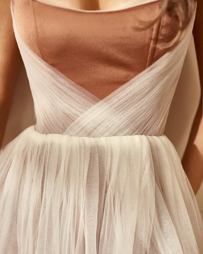 Boho Wedding dress , Long Corset dress with side slit, Tulle Pleated wedding dress, Beige wedding gown, brown wedding dress