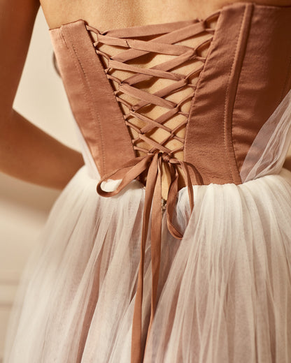 Boho Wedding dress , Long Corset dress with side slit, Tulle Pleated wedding dress, Beige wedding gown, brown wedding dress