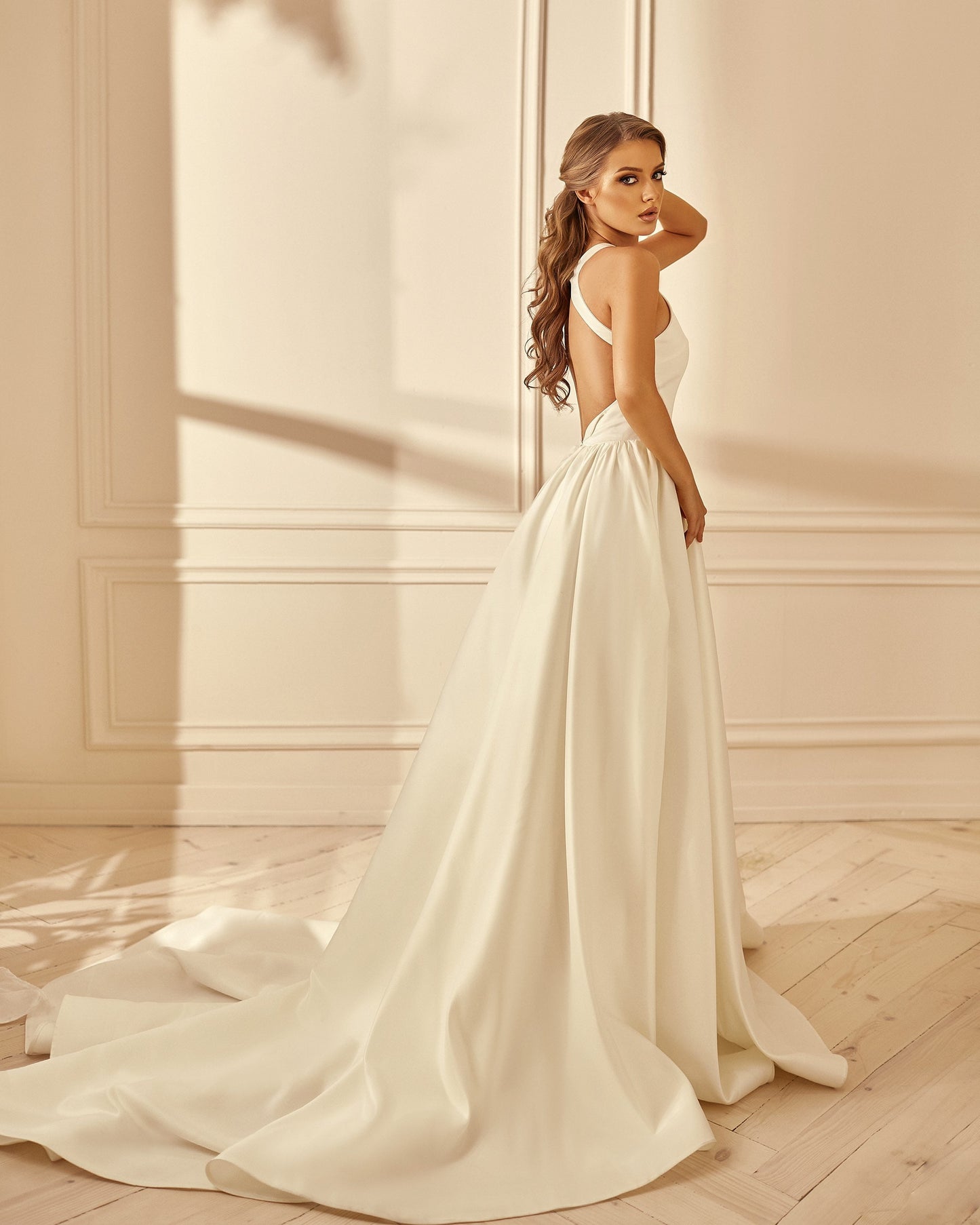 Minimalist bride wedding dress with open back detachable bow and pockets, Wedding dress with long train and pockets, Simple wedding dress