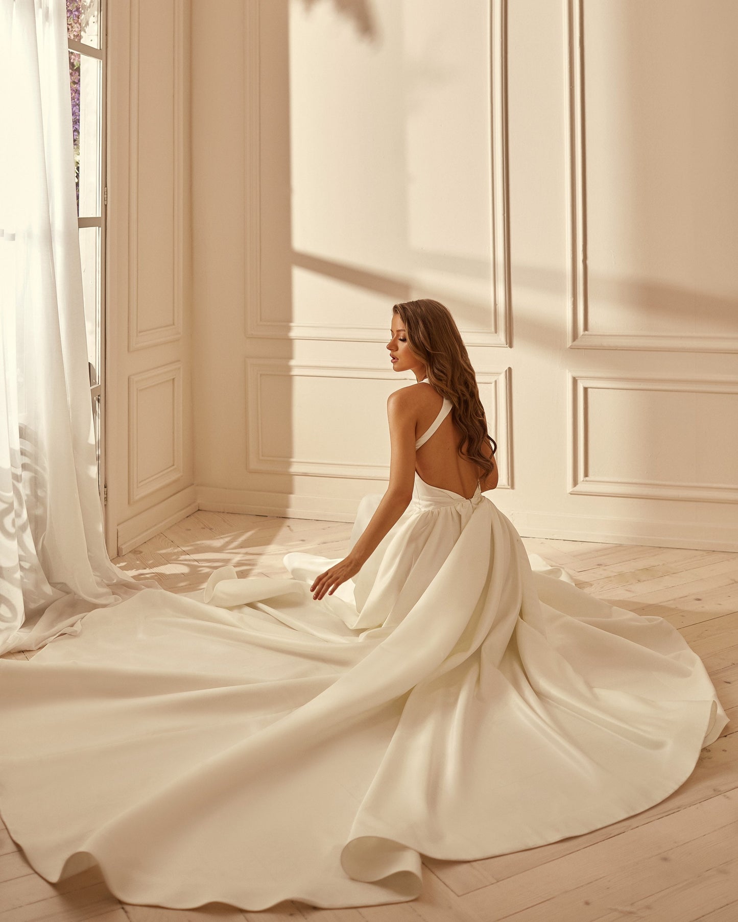 Minimalist bride wedding dress with open back detachable bow and pockets, Wedding dress with long train and pockets, Simple wedding dress