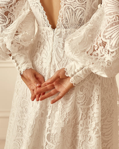 Boho wedding dress with open back long sleeves and dramatic train, V-neck wedding dress, Bohemian bride white lace gown