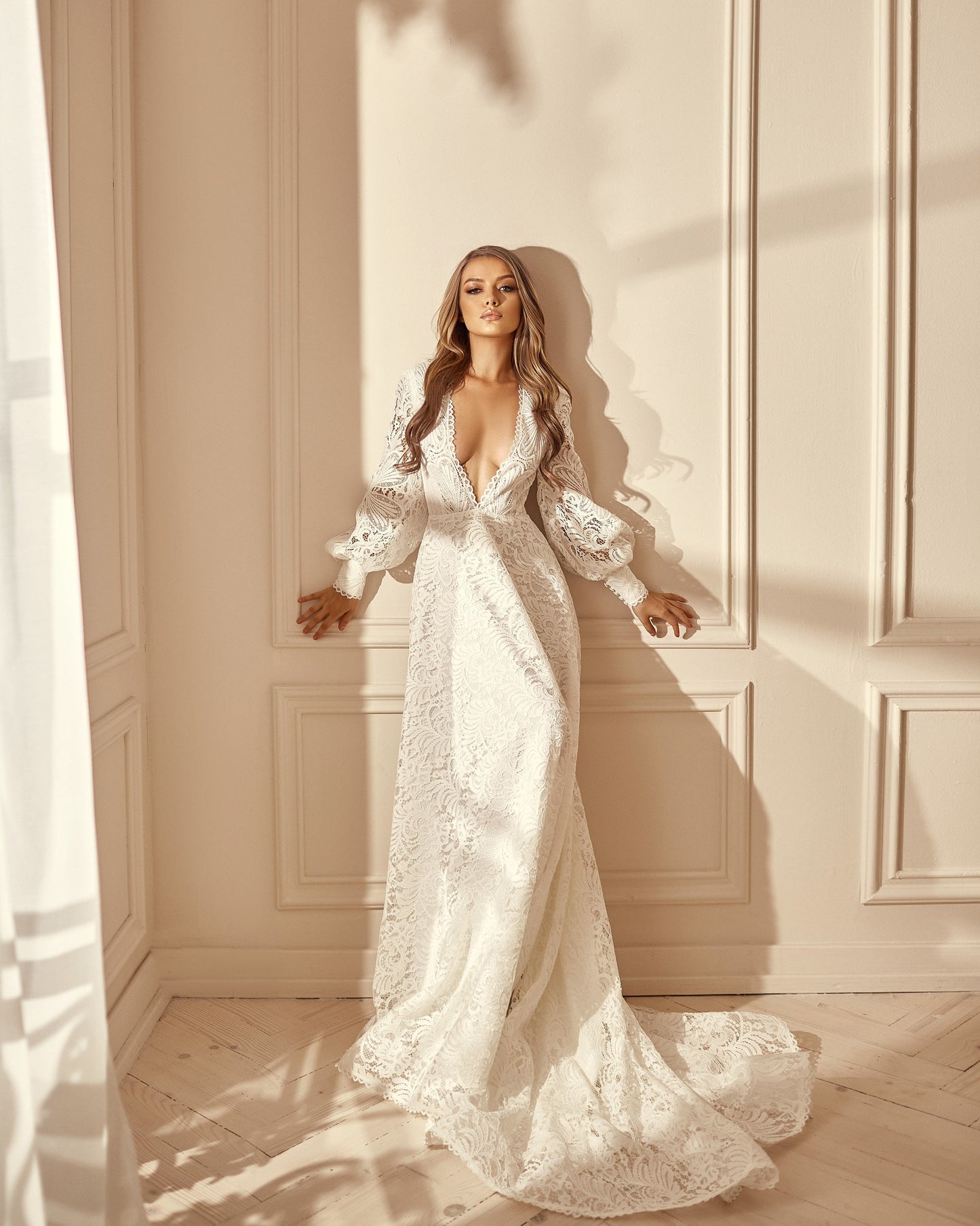 Boho wedding dress with open back long sleeves and dramatic train, V-neck wedding dress, Bohemian bride white lace gown