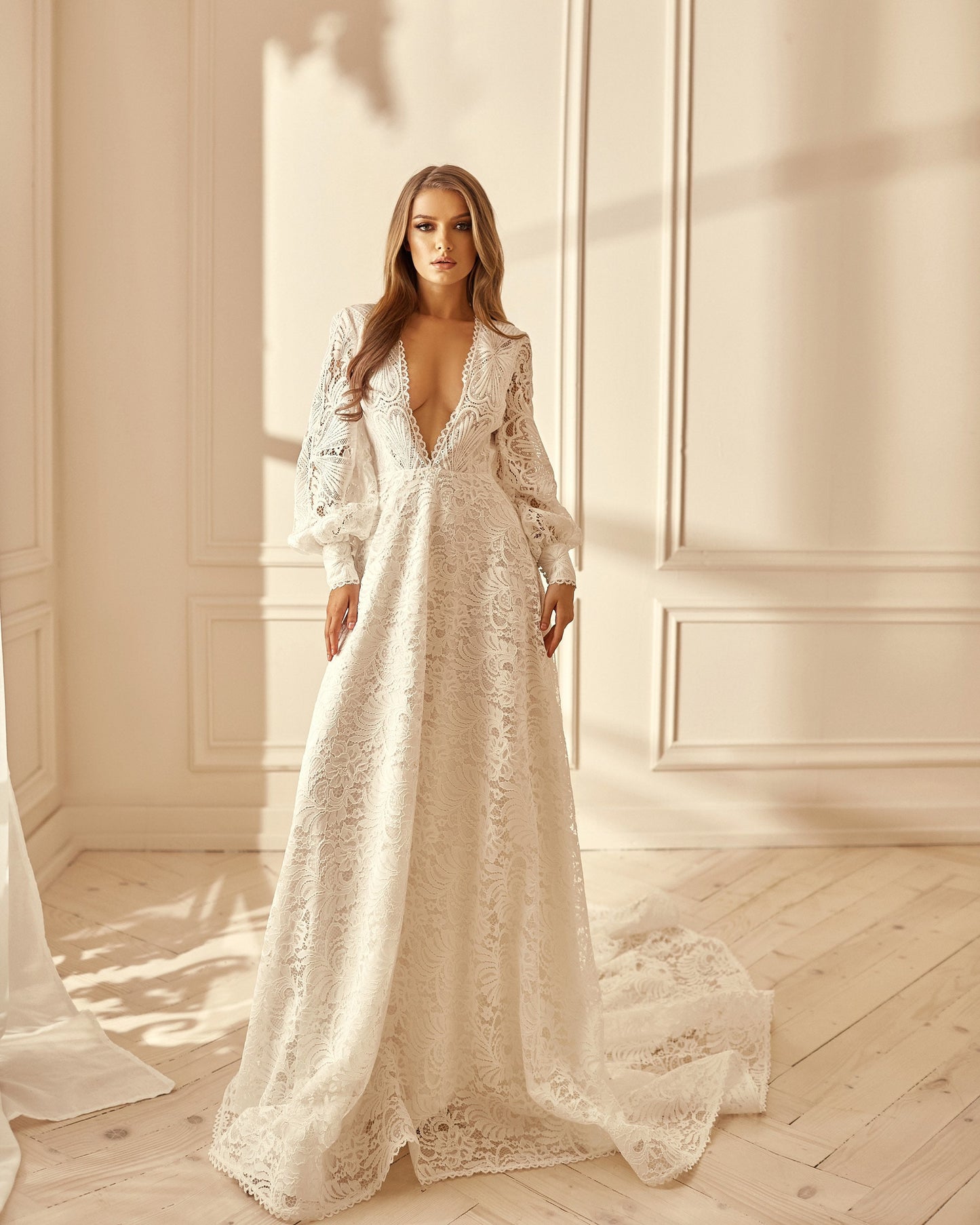 Boho wedding dress with open back long sleeves and dramatic train, V-neck wedding dress, Bohemian bride white lace gown