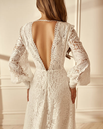 Boho wedding dress with open back long sleeves and dramatic train, V-neck wedding dress, Bohemian bride white lace gown