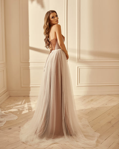 Boho Wedding dress , Long Corset dress with side slit, Tulle Pleated wedding dress, Beige wedding gown, brown wedding dress