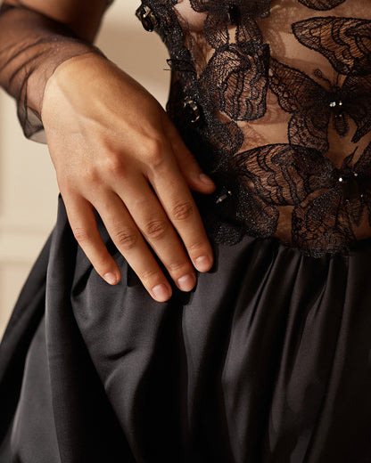 Black lace wedding romper with long sleeves, black butterfly embroidered bridal bodysuit, gothic bride wedding separates, boho black romper