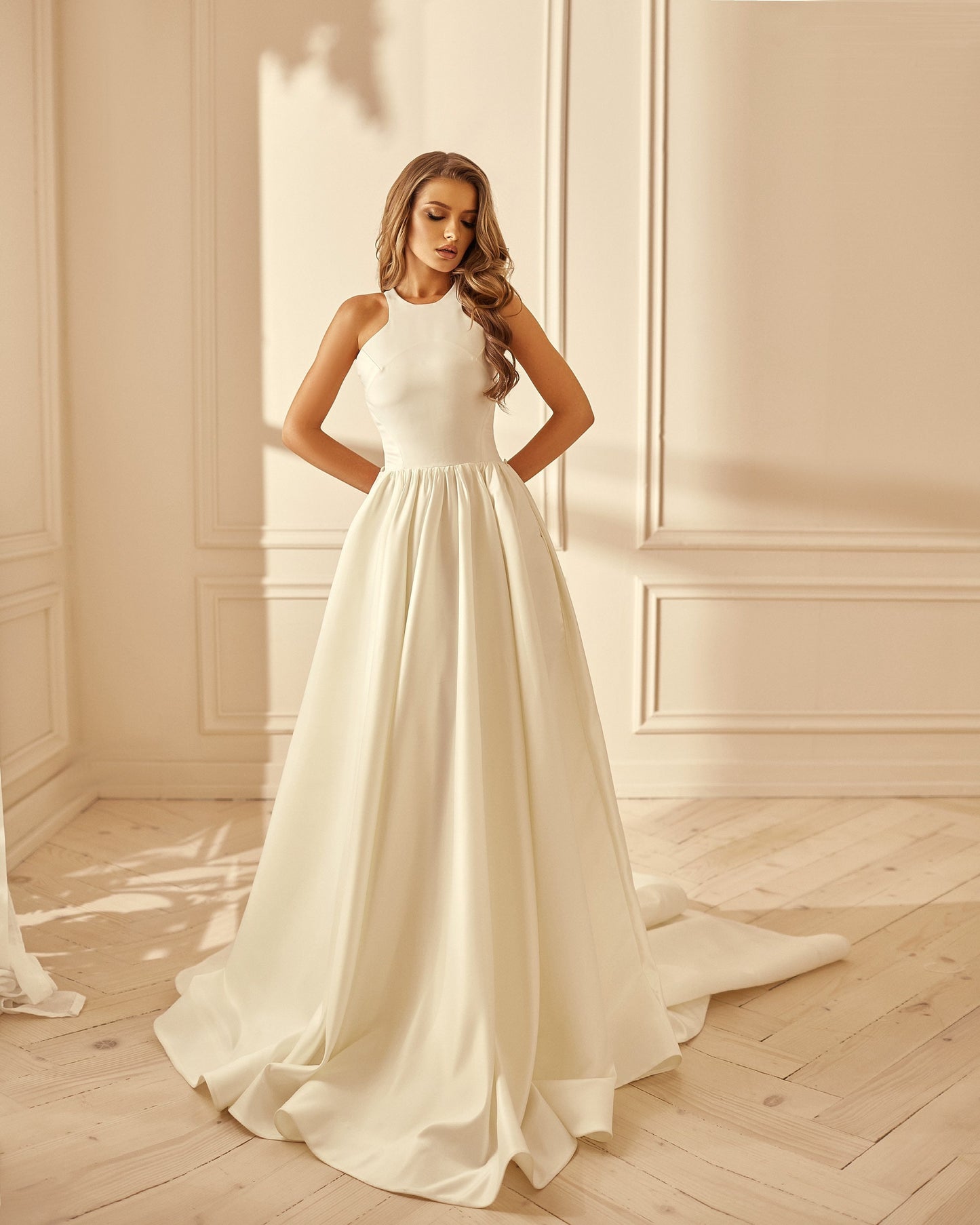 Minimalist bride wedding dress with open back detachable bow and pockets, Wedding dress with long train and pockets, Simple wedding dress