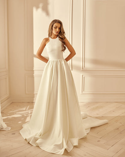 Minimalist bride wedding dress with open back detachable bow and pockets, Wedding dress with long train and pockets, Simple wedding dress