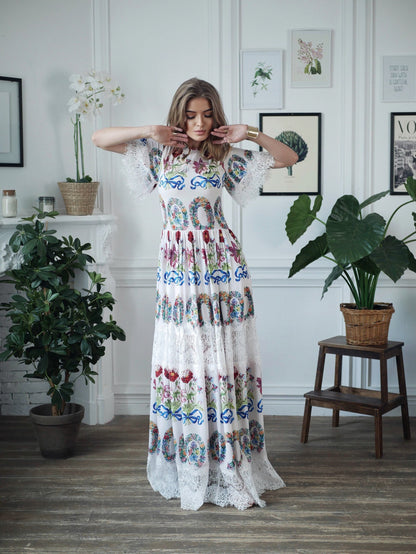 Floral Maxi black short Sleeve Lace Dress / Floor Length Dressing Gown / Long Romantic Dress / Unique Printed Wedding Dress / Summer dress