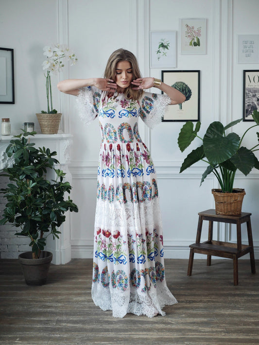 Floral Maxi black short Sleeve Lace Dress / Floor Length Dressing Gown / Long Romantic Dress / Unique Printed Wedding Dress / Summer dress