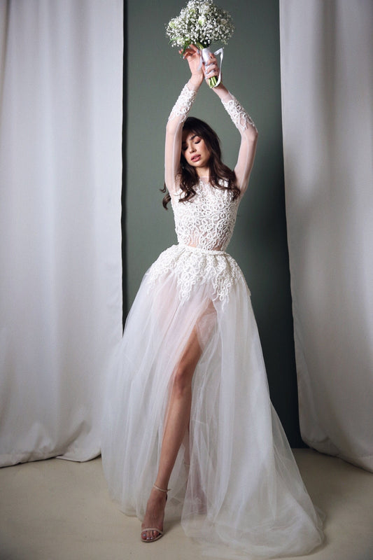Wedding Bodysuit , Long sleeve bridal jumpsuit, Bridal separates wedding bodysuit with pearls embroidery, tulle wedding dress, boho bodysuit