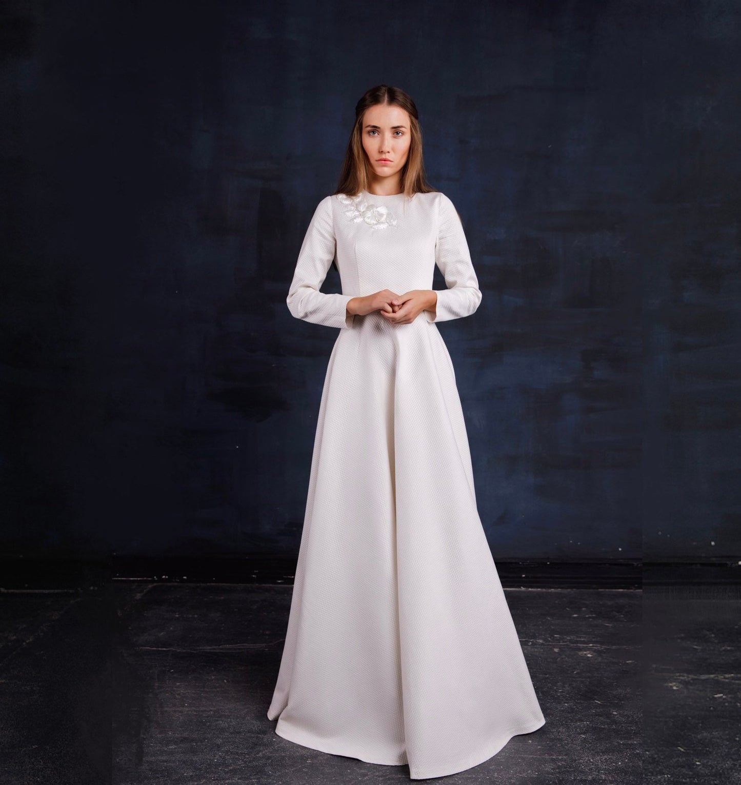 Long sleeved wedding dress, Simple wedding dress, Modest wedding dress, White Winter & Autumn Wedding Floor Length Dress, Fit and flare gown