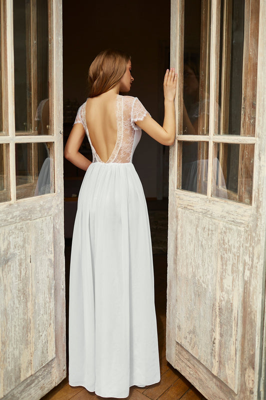 Wedding dress with lace top and open back, simple wedding dress, white fit and flare long dress, casual wedding dress, boho wedding dress