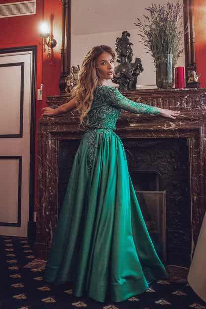 Emerald evening Dress / Fit & Flare Prom Dress Long / Custom Embroidered Maxi Dress / One Shoulder evening gown / Maxi Dress with a slit
