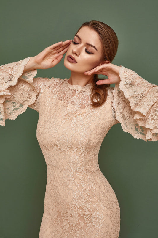 Beige bridesmaid dress with long bell sleeves, Wedding guest dress, nude bride gown, lace homecoming dress, Bohemian wedding dress
