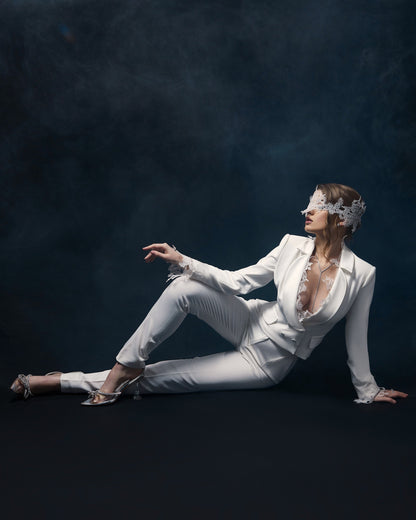 Women lace wedding suit, wedding jacket and trousers, bridal separates, minimalist bride outfit