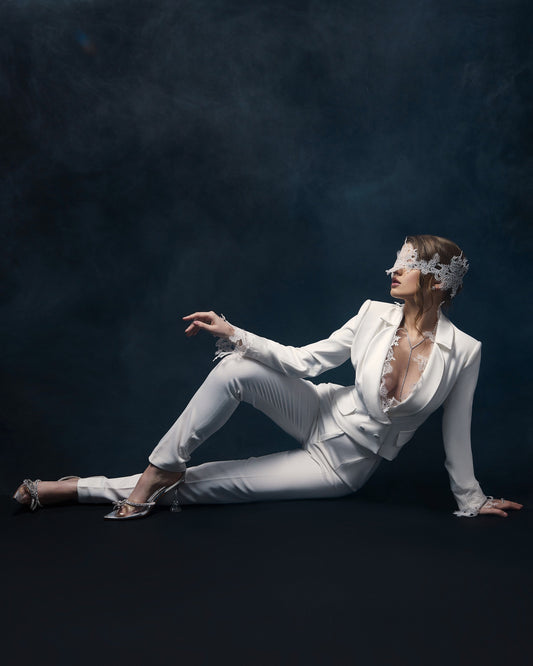 Women lace wedding suit, wedding jacket and trousers, bridal separates, minimalist bride outfit