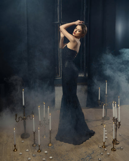 Black Wedding  Dress, Prom Corset gown,Black Sequins evening dress with fishtail, Black evening dress, Gothic wedding dress