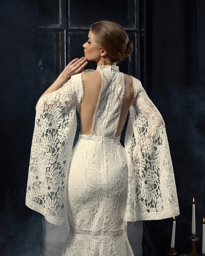 Open back wedding dress with long sleeves and train, Couture wedding dress long  sleeves, Mermaid bohemian wedding gown, Classy wedding gown