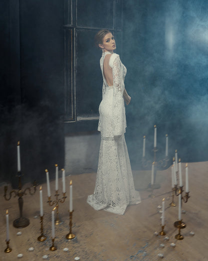 Open back wedding dress with long sleeves and train, Couture wedding dress long  sleeves, Mermaid bohemian wedding gown, Classy wedding gown