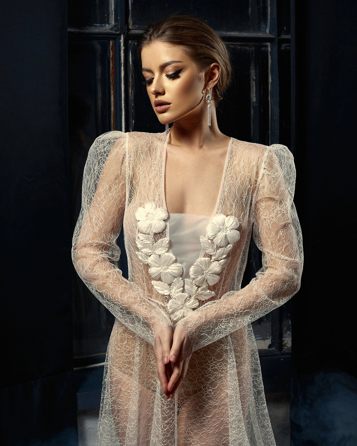 Bohemian wedding gown, wedding lace separates, see through wedding gown, fit and flare wedding dress with long sleeves, floral wedding gown