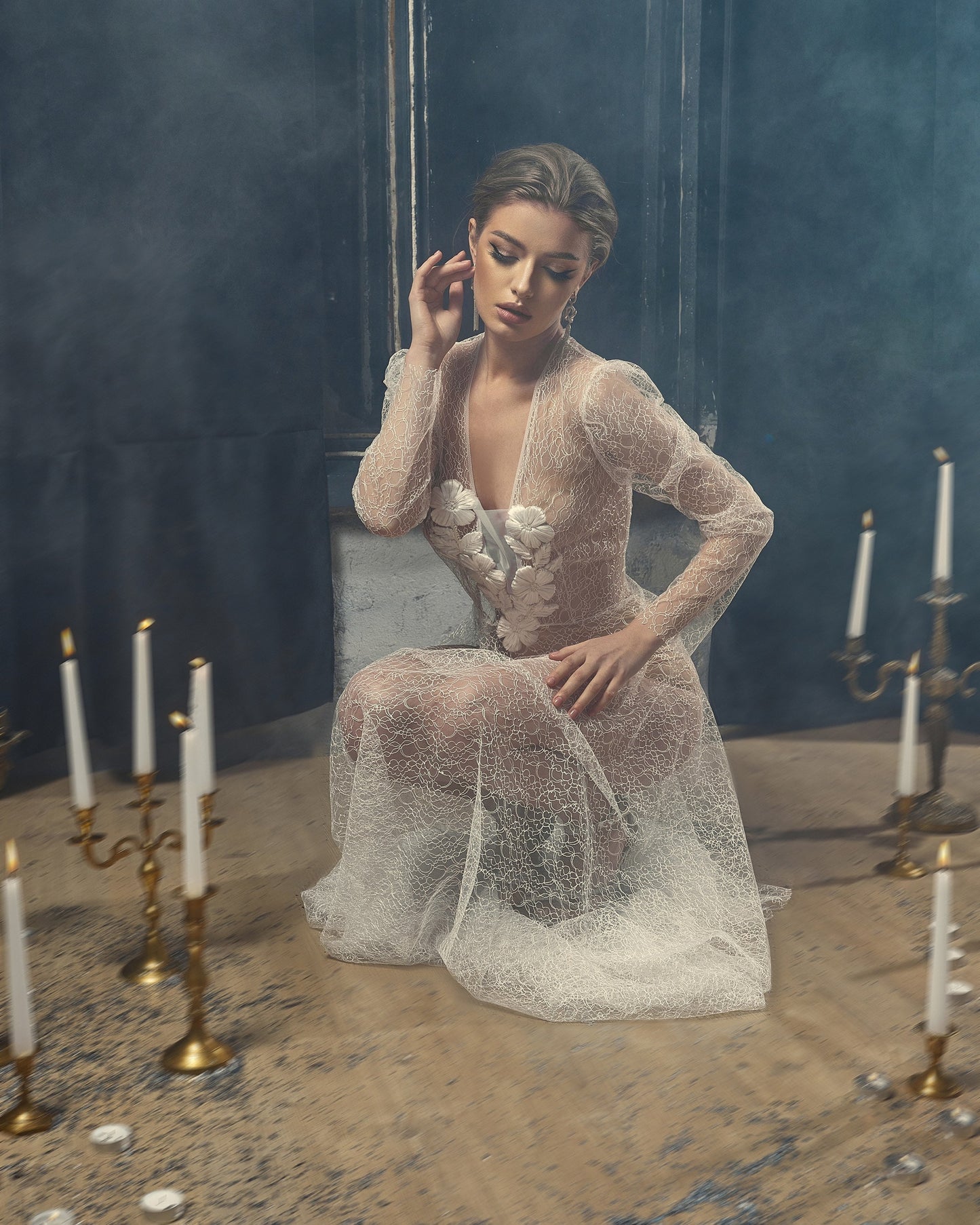 Bohemian wedding gown, wedding lace separates, see through wedding gown, fit and flare wedding dress with long sleeves, floral wedding gown