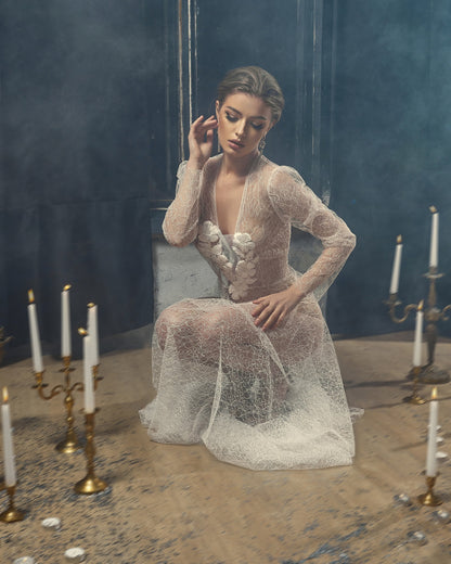 Bohemian wedding gown, wedding lace separates, see through wedding gown, fit and flare wedding dress with long sleeves, floral wedding gown