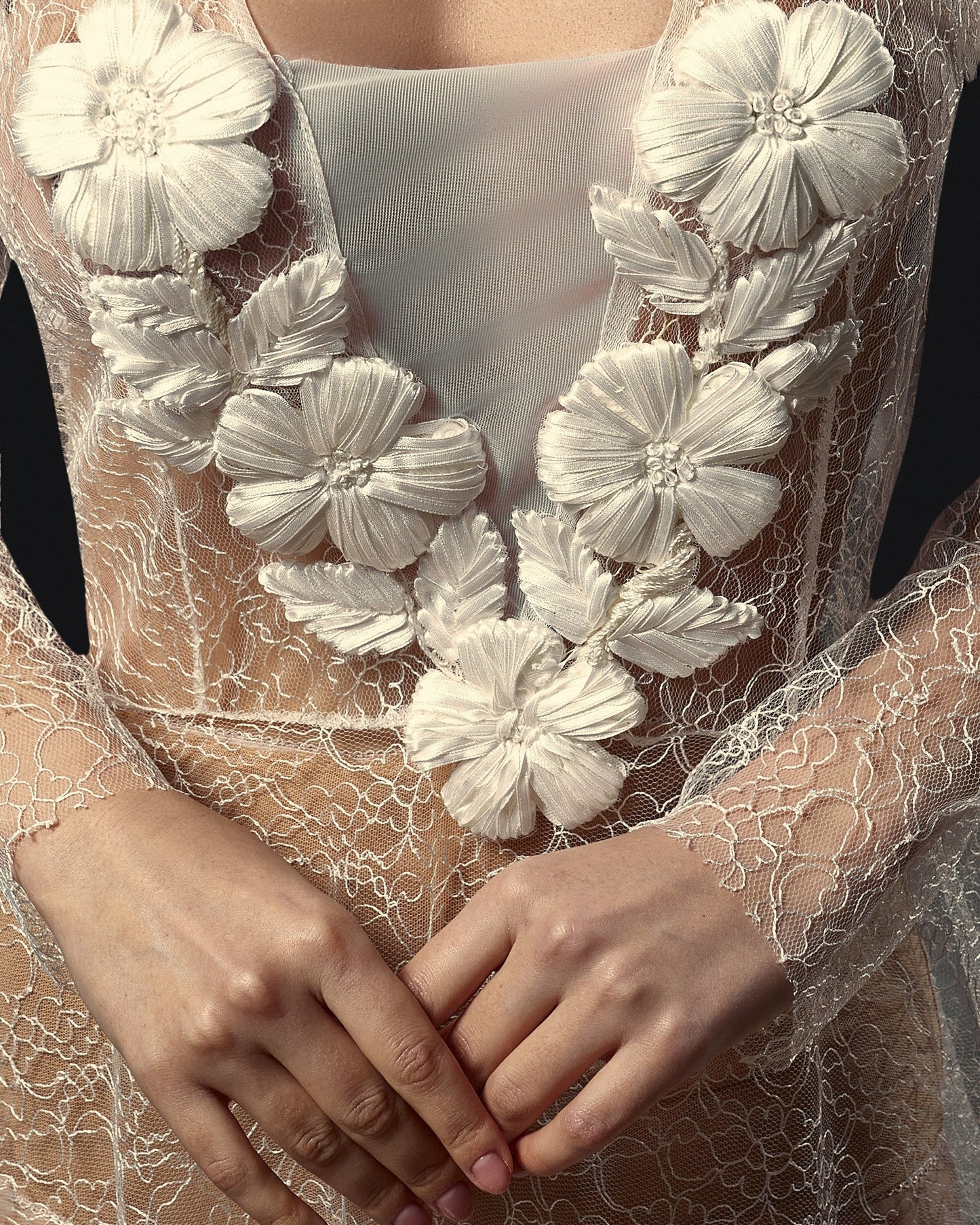Bohemian wedding gown, wedding lace separates, see through wedding gown, fit and flare wedding dress with long sleeves, floral wedding gown