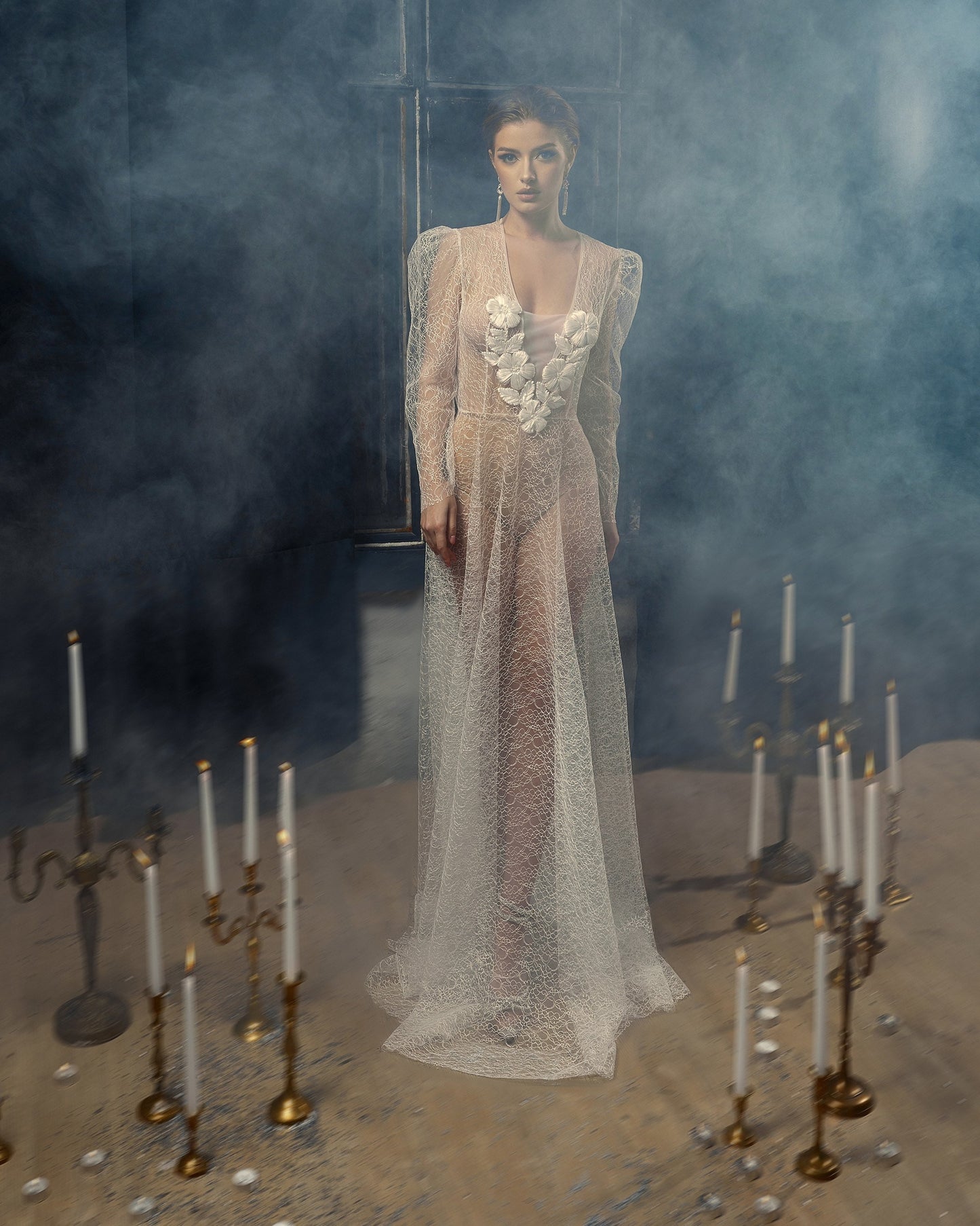 Bohemian wedding gown, wedding lace separates, see through wedding gown, fit and flare wedding dress with long sleeves, floral wedding gown
