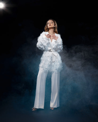 Wedding separates, two pieces wedding set kimono jacket and palazzo trousers, bohemian bride outfit, fringe blazer, alternative wedding suit