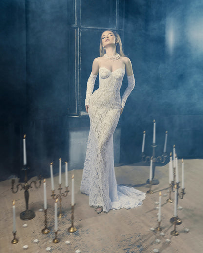 Lace wedding dress with corset bodice and detachable sleeves, mermaid wedding gown with long train, bohemian wedding dress, sheer gown
