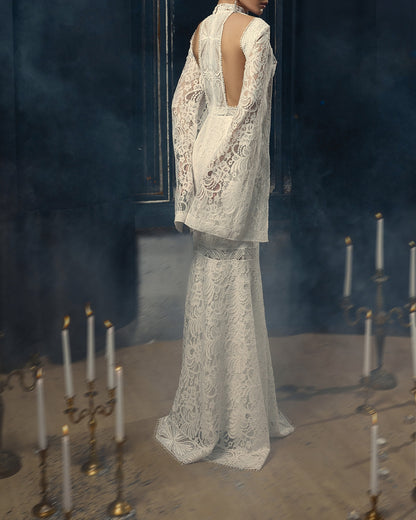 Open back wedding dress with long sleeves and train, Couture wedding dress long  sleeves, Mermaid bohemian wedding gown, Classy wedding gown
