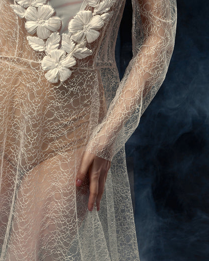 Bohemian wedding gown, wedding lace separates, see through wedding gown, fit and flare wedding dress with long sleeves, floral wedding gown