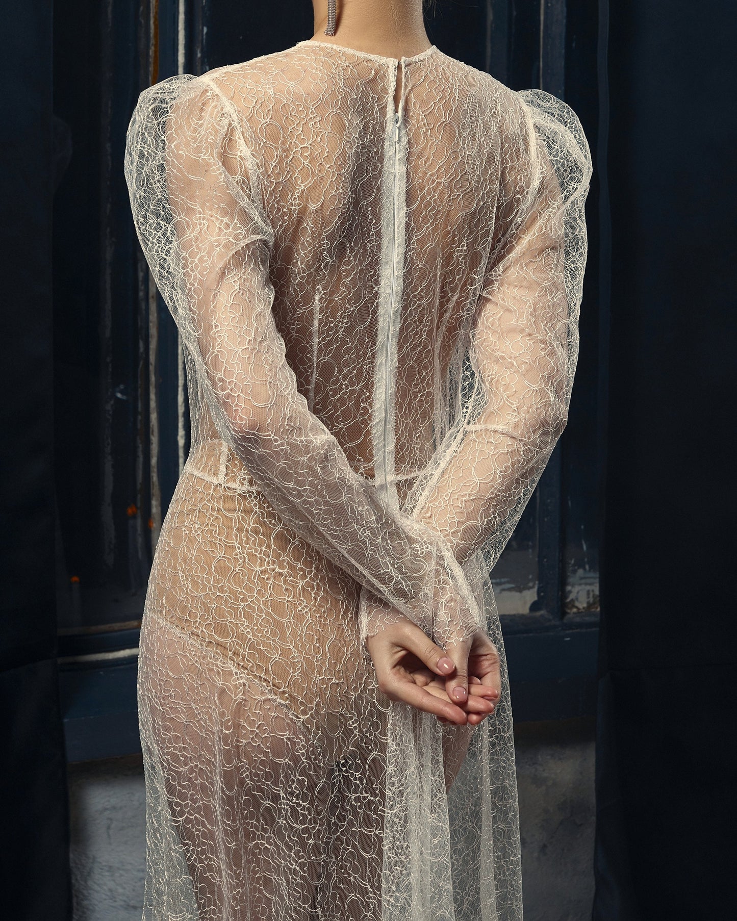 Bohemian wedding gown, wedding lace separates, see through wedding gown, fit and flare wedding dress with long sleeves, floral wedding gown