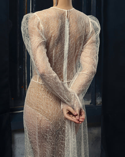 Bohemian wedding gown, wedding lace separates, see through wedding gown, fit and flare wedding dress with long sleeves, floral wedding gown