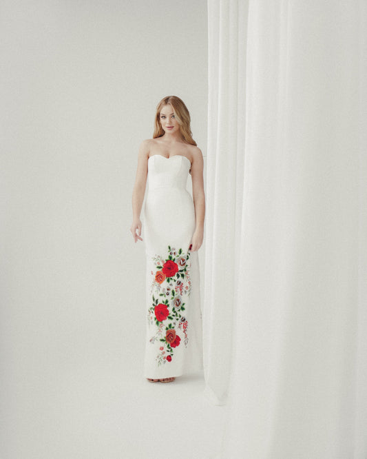 Simple wedding dress with pencil skirt and floral print , corset wedding dress, Bohemian wedding gown, Wedding dress with side split