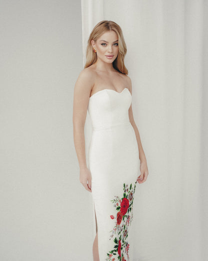 Simple wedding dress with pencil skirt and floral print , corset wedding dress, Bohemian wedding gown, Wedding dress with side split