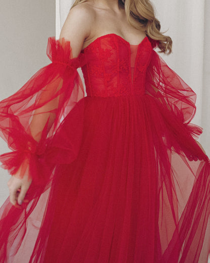 Red wedding dress, Alternative wedding dress, bohemian bride dress, Red lace prom dress, Red tulle evening dress, Alternative bride gown