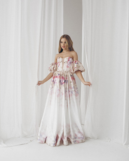 Alternative bride dress, Floral evening gown, Beige prom dress with detachable sleeves, bohemian wedding dress, summer gown, Homecoming gown
