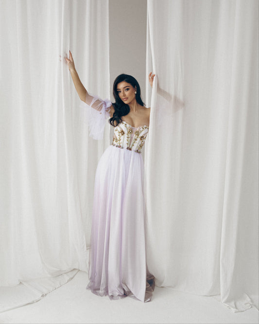Alternative bride purple dress, Floral evening gown, Ombre prom dress with detachable sleeves, Bohemian wedding dress, Summer corset gown