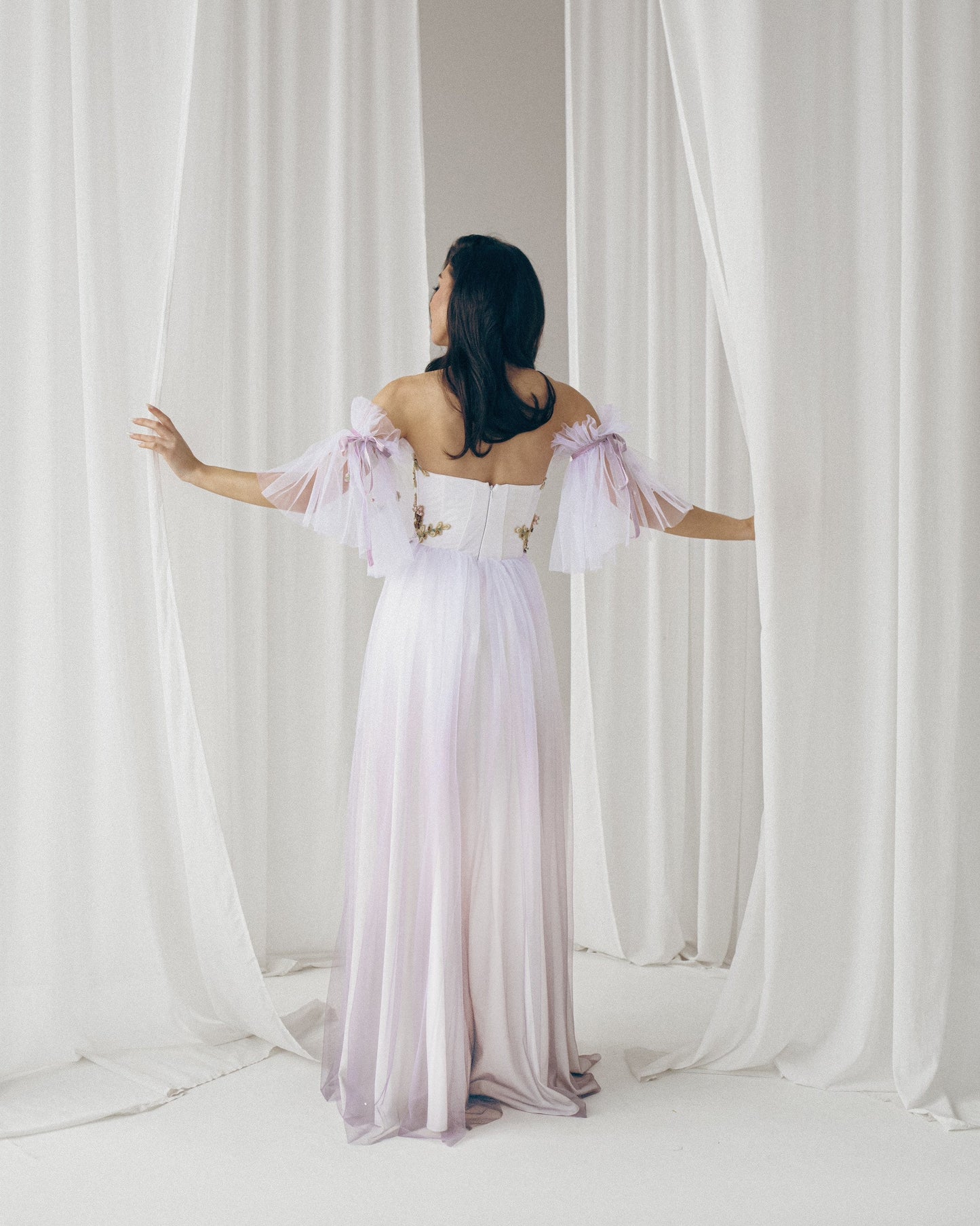 Alternative bride purple dress, Floral evening gown, Ombre prom dress with detachable sleeves, Bohemian wedding dress, Summer corset gown