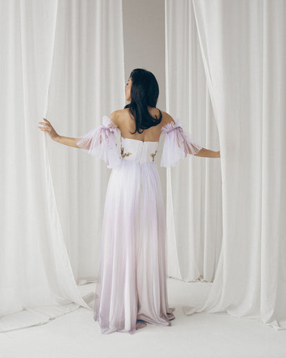 Alternative bride purple dress, Floral evening gown, Ombre prom dress with detachable sleeves, Bohemian wedding dress, Summer corset gown